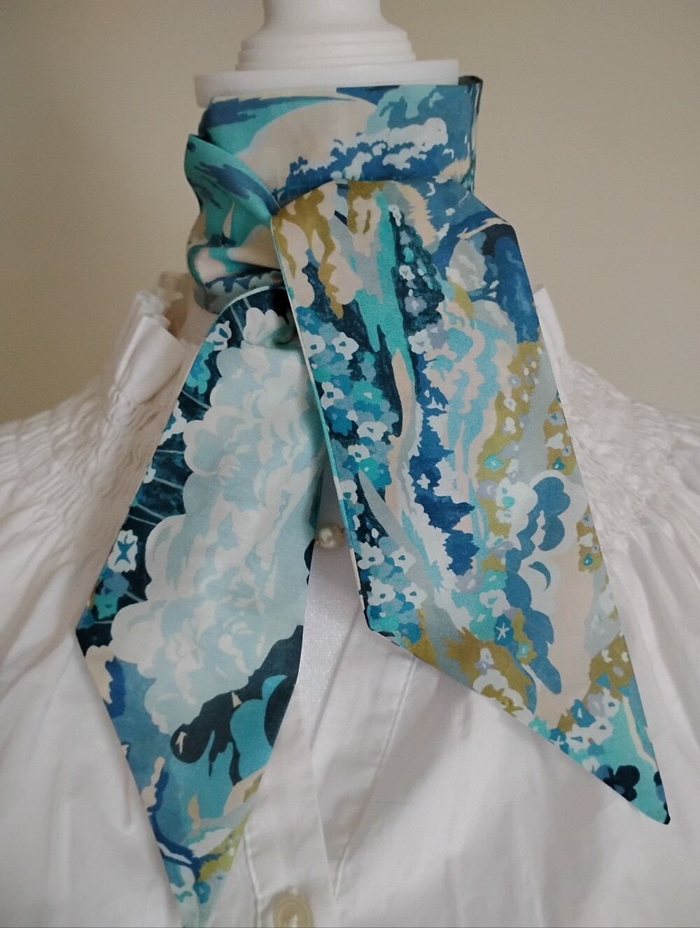 Liberty Art Fabric Tana Lawn Skinny Scarf Coastal Landscape Blue Sailboat Beach